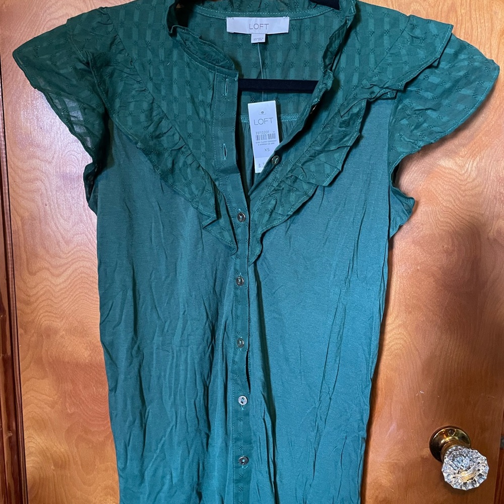 LOFT Green Button Down Blouse with Flutter Sleeves
